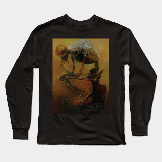 Beksinski - The Thinker Skeleton - Zdzisław Beksinski Style Long Sleeve T-Shirt by QualityArtFirst